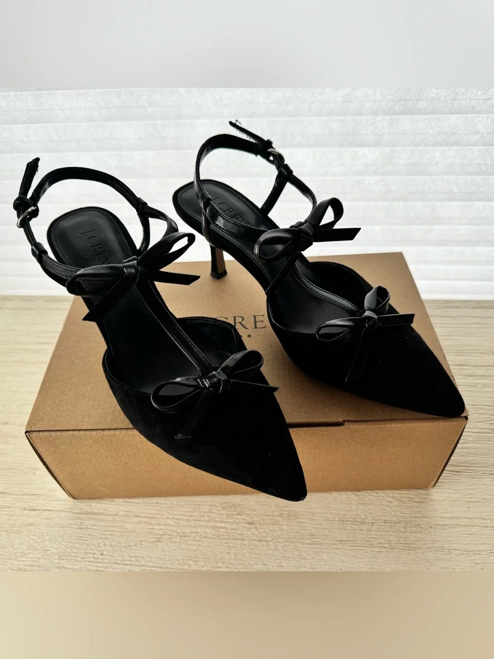 J. Crew Black Pointed Toe Bow Slingback Heels
